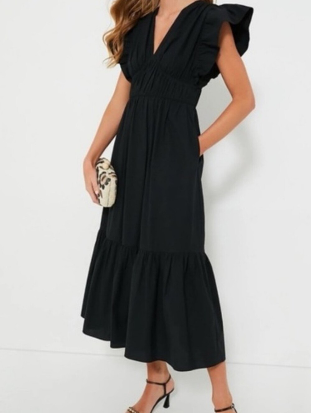 Tuckernuck Black Sutton Classic V-Neck Ruffle-Sleeve And Hem Midi Dress Large